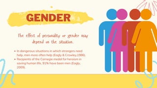 The effect of personality or gender may
depend on the situation.
In dangerous situations in which strangers need
help, men more often help (Eagly & Crowley,1986).
Recipients of the Carnegie medal for heroism in
saving human life, 91% have been men (Eagly,
2009).
GENDER
 
