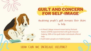 HOW CAN WE INCREASE HELPING?
GUILT AND CONCERN
FOR SELF-IMAGE
Awakening people’s guilt increases their desire
to help.
A Reed College research team led by Richard
Katzev (1978) experimented with guilt induced
helping. 58% of the guilt-laden individuals offered
help.
Guilt-laden people are helpful people.
 