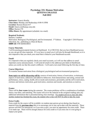 Psych 231 psy of human motiv (queens college) fall 2012 syllabus | PDF