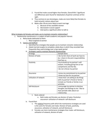 2. Found that males scored higher than females. Overall M>F. Significant
                                sex differences were found for idealization of partner and love at first
                                sight.
                             3. Thus contrary to sex stereotypes, males are more likely than females to
                                hold romantic notions about love
                             4. Males after 30 are more likely to want marriage
                                    a. Because of less available women
                                    b. Decreased in social support
                                    c. And wants a significant other to talk to

What strategies do females and males use to maintain romantic relationships?
  1. Relationship maintenance is a subject of both academic and popular interest:
           a. Many books dedicated to them:
                     i. Most targeted at women
           b. Canary and Stafford
                     i. Identified five strategies that people use to maintain romantic relationships
                    ii. Asked married couples to complete a daily diary in which they recorded how
                        frequently they used strategy over a two-week period
                   iii. Strategies used to maintain Romantic Relationships
                        Strategy                                   Sample Items
                        Division of tasks                          I do my fair share of work we have to
                                                                   do. I share in the joint responsibilities
                                                                   that face us
                        Positivity                                 I try to build up my partner’s self-
                                                                   esteem, including giving him or her
                                                                   compliments and the like.
                                                                   I do not criticize my partner

                         Assurance                                  I stress my commitment to my partner.
                                                                    I show my love for my partner
                         Utilization of network                     I show that I am willing to do things
                                                                    with my partner’s friend or family. I
                                                                    include our friends or family in our
                                                                    activities.
                         Self-disclosure                            I encourage my partner to disclose
                                                                    thoughts and feelings to me. I like to
                                                                    have periodic talks about our
                                                                    relationship.
                           1. Rank ordered
                                    a. Both males and females use division of tasks> Positivity>
                                         assurance> utilization of network> self-disclosure
                    iv. Found that:
                           1. The relative frequency with which the maintanence strategies are used
                               is the same for females and males: Division of tasks, positivity,
                               assurance, utilization of network, and self-disclosure
                           2. Females use more maintenance strategies than males: self-disclosure,
                               utilization of network, division of tasks
 