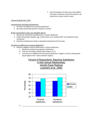 1. Over the decades, females were more tightly
                                                        restricted, should we reverse the patterns, we
                                                        should see a similar trend in males

Lecture 43 Wed, Feb 2, 2011

Learning Goals: Sexuality and Education:
    1. Are there sex differences in sexual satisfaction?
    2. Do males and females perform similarly in school?

By the end of today’s classs, you should be able to:
    1. Identify sex similarities and differences in sexual satisfaction.
    2. Explain how gender equality, age, marital status, and “quality of life” are related to sexual
        satisfaction
    3. Describe contemporary trends in educational attainment for the sexes

Are there sex differences in sexual satisfaction?
    4. Research suggests small sex differences in sexual satisfaction:
            a. Measured emotional and physical satisfaction
            b. Peterson and Hyde’s (2010) meta-analysis: d=.17
            c. Laumann et al. (2006) found that sexual satisfaction is higher in cultures with gender-
                 equal regimes than “male-centered” regimes




            d.
 