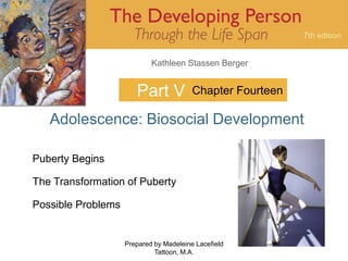 Kathleen Stassen Berger


                       Part V            Chapter Fourteen

   Adolescence: Biosocial Development

Puberty Begins

The Transformation of Puberty

Possible Problems


                    Prepared by Madeleine Lacefield         1
                             Tattoon, M.A.
 