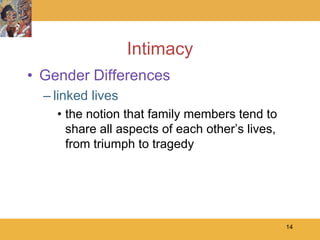 Intimacy
• Gender Differences
  – linked lives
    • the notion that family members tend to
      share all aspects of each other’s lives,
      from triumph to tragedy




                                                 14
 