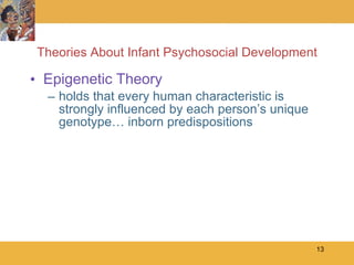 Theories About Infant Psychosocial Development Epigenetic Theory holds that every human characteristic is strongly influenced by each person’s unique genotype… inborn predispositions 