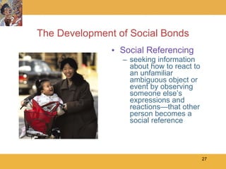 The Development of Social Bonds Social Referencing seeking information about how to react to an unfamiliar ambiguous object or event by observing someone else’s expressions and reactions—that other person becomes a social reference 