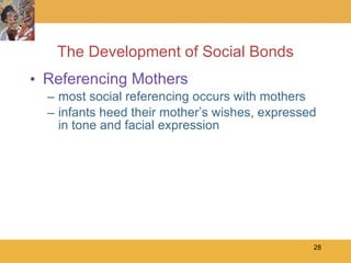 The Development of Social Bonds Referencing Mothers most social referencing occurs with mothers infants heed their mother’s wishes, expressed in tone and facial expression 