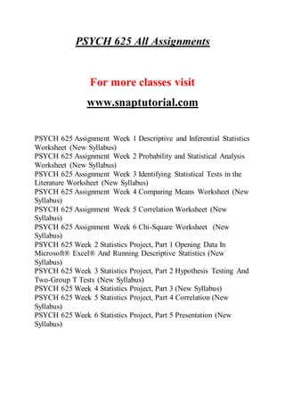 PSYCH 625 All Assignments
For more classes visit
www.snaptutorial.com
PSYCH 625 Assignment Week 1 Descriptive and Inferential Statistics
Worksheet (New Syllabus)
PSYCH 625 Assignment Week 2 Probability and Statistical Analysis
Worksheet (New Syllabus)
PSYCH 625 Assignment Week 3 Identifying Statistical Tests in the
Literature Worksheet (New Syllabus)
PSYCH 625 Assignment Week 4 Comparing Means Worksheet (New
Syllabus)
PSYCH 625 Assignment Week 5 Correlation Worksheet (New
Syllabus)
PSYCH 625 Assignment Week 6 Chi-Square Worksheet (New
Syllabus)
PSYCH 625 Week 2 Statistics Project, Part 1 Opening Data In
Microsoft® Excel® And Running Descriptive Statistics (New
Syllabus)
PSYCH 625 Week 3 Statistics Project, Part 2 Hypothesis Testing And
Two-Group T Tests (New Syllabus)
PSYCH 625 Week 4 Statistics Project, Part 3 (New Syllabus)
PSYCH 625 Week 5 Statistics Project, Part 4 Correlation (New
Syllabus)
PSYCH 625 Week 6 Statistics Project, Part 5 Presentation (New
Syllabus)
 