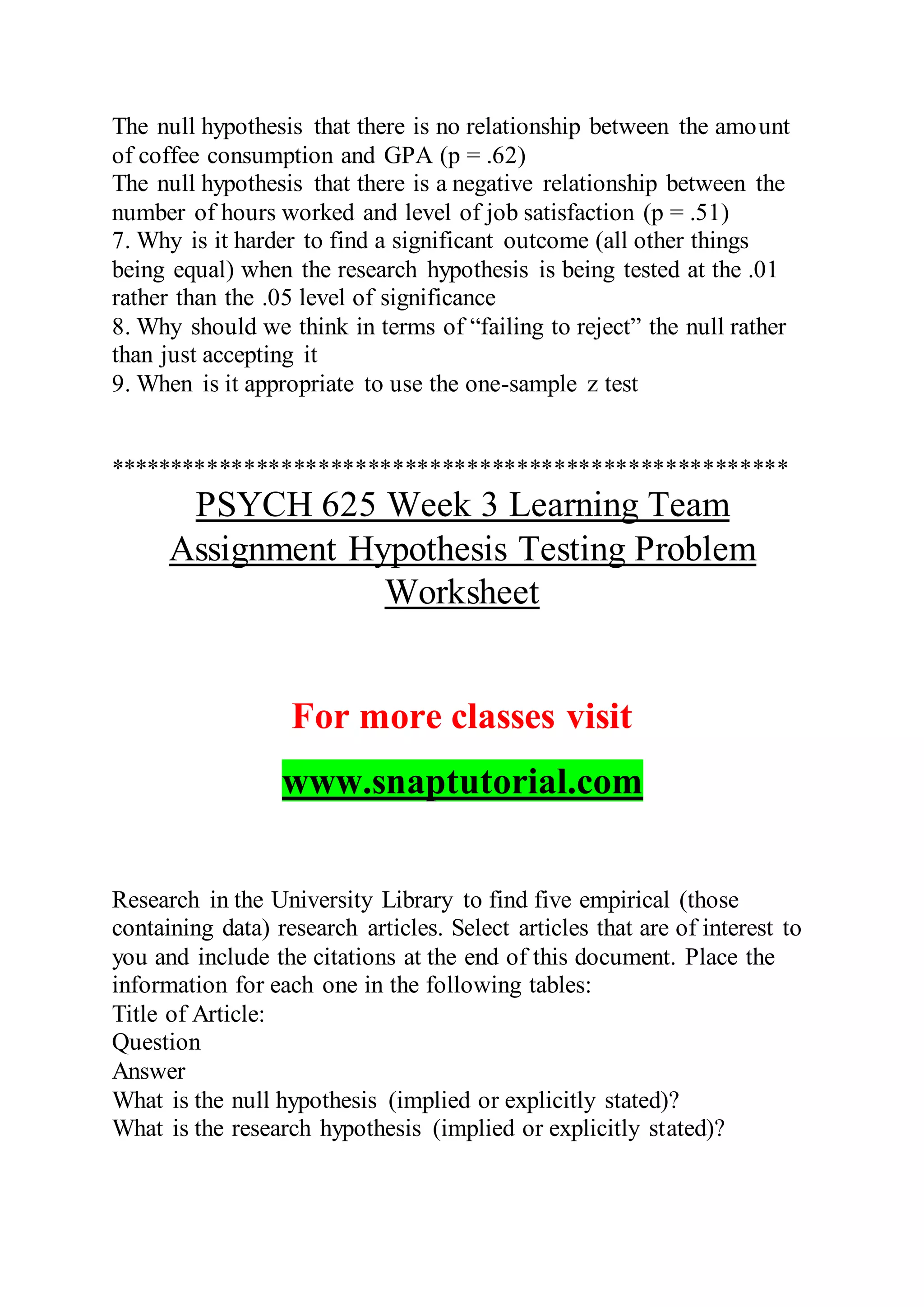 The null hypothesis that there is no relationship between the amount
of coffee consumption and GPA (p = .62)
The null hypothesis that there is a negative relationship between the
number of hours worked and level of job satisfaction (p = .51)
7. Why is it harder to find a significant outcome (all other things
being equal) when the research hypothesis is being tested at the .01
rather than the .05 level of significance
8. Why should we think in terms of “failing to reject” the null rather
than just accepting it
9. When is it appropriate to use the one-sample z test
*******************************************************
PSYCH 625 Week 3 Learning Team
Assignment Hypothesis Testing Problem
Worksheet
For more classes visit
www.snaptutorial.com
Research in the University Library to find five empirical (those
containing data) research articles. Select articles that are of interest to
you and include the citations at the end of this document. Place the
information for each one in the following tables:
Title of Article:
Question
Answer
What is the null hypothesis (implied or explicitly stated)?
What is the research hypothesis (implied or explicitly stated)?
 