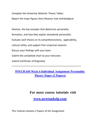 Complete the University Material: Theory Tables.
Report the major figures that influence trait and biological
theories, the key concepts that determine personality
formation, and how they explain disordered personality.
Evaluate each theory on its comprehensiveness, applicability,
cultural utility, and support from empirical research.
Discuss your findings with your team.
Submit the completed chart to your instructor.
Submit Certificate of Originality
===============================================
PSYCH 645 Week 6 Individual Assignment Personality
Theory Paper (2 Papers)
For more course tutorials visit
www.newtonhelp.com
This Tutorial contains 2 Papers of this Assignment
 