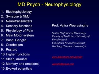 MD Psych - Neurophysiology
1. Electrophysiology
2. Synapse & NMJ
3. Neurotransmitters
4. Sensory functions
5. Physiology o...