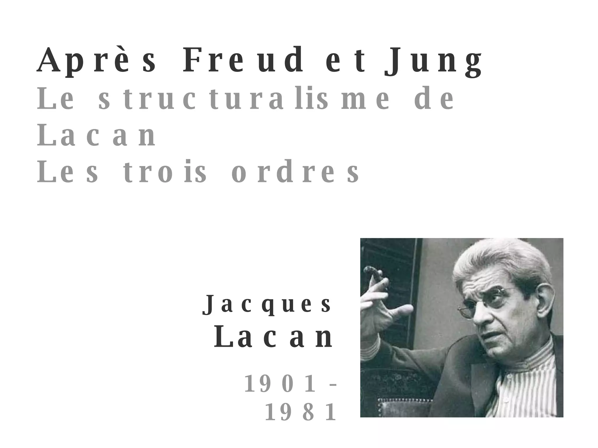 Jacques Lacan 1901 - 1981 Après Freud et Jung Le structuralisme de Lacan  Les trois ordres   