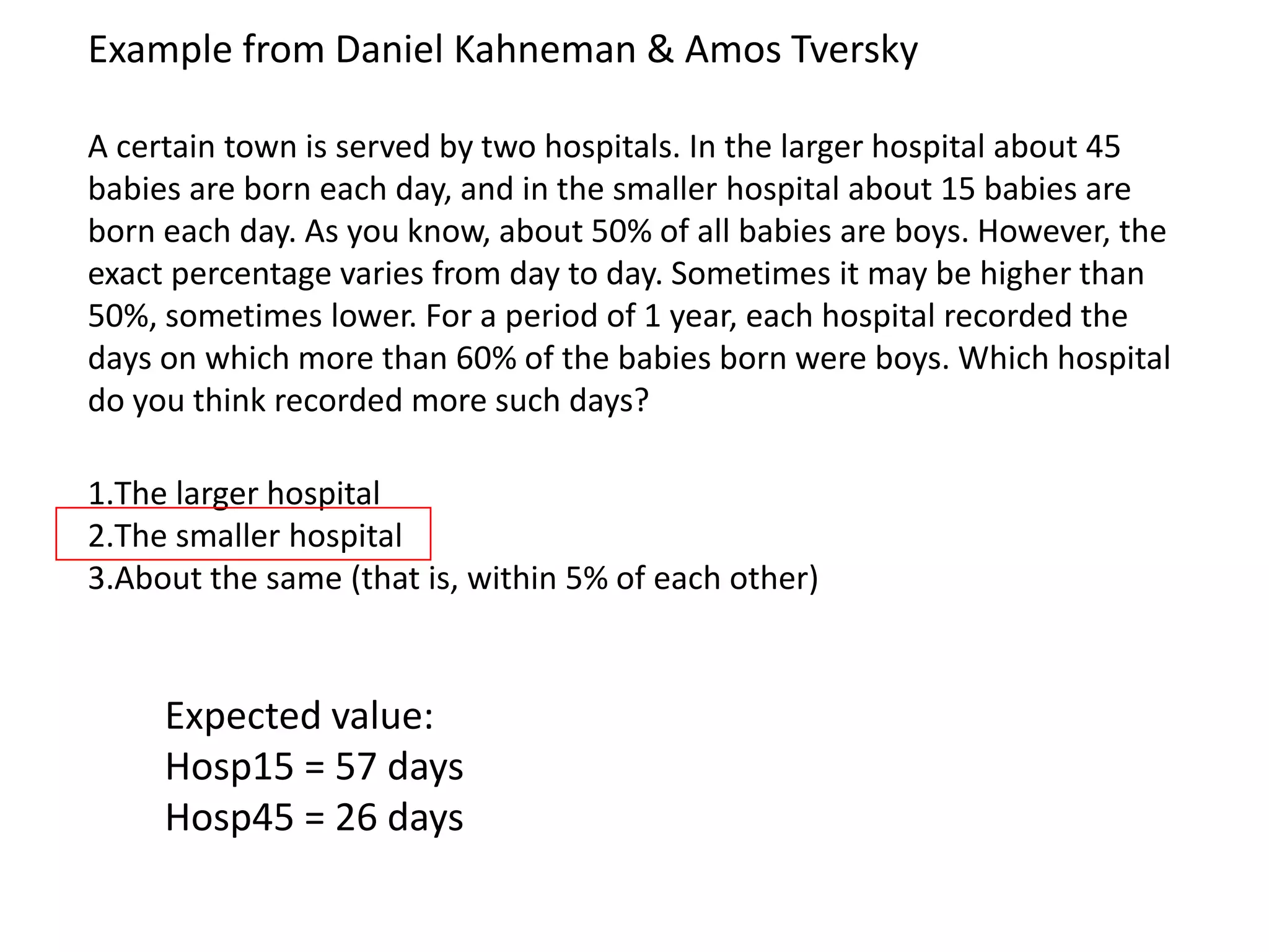 Example from Daniel Kahneman & Amos Tversky
A certain town is served by two hospitals. In the larger hospital about 45
babies are born each day, and in the smaller hospital about 15 babies are
born each day. As you know, about 50% of all babies are boys. However, the
exact percentage varies from day to day. Sometimes it may be higher than
50%, sometimes lower. For a period of 1 year, each hospital recorded the
days on which more than 60% of the babies born were boys. Which hospital
do you think recorded more such days?
1.The larger hospital
2.The smaller hospital
3.About the same (that is, within 5% of each other)
Expected value:
Hosp15 = 57 days
Hosp45 = 26 days
 