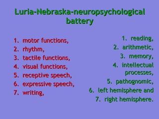 Luria-Nebraska-neuropsychological battery motor functions, rhythm, tactile functions, visual functions, receptive speech, expressive speech, writing, reading, arithmetic, memory, intellectual processes, pathognomic, left hemisphere and right hemisphere. 