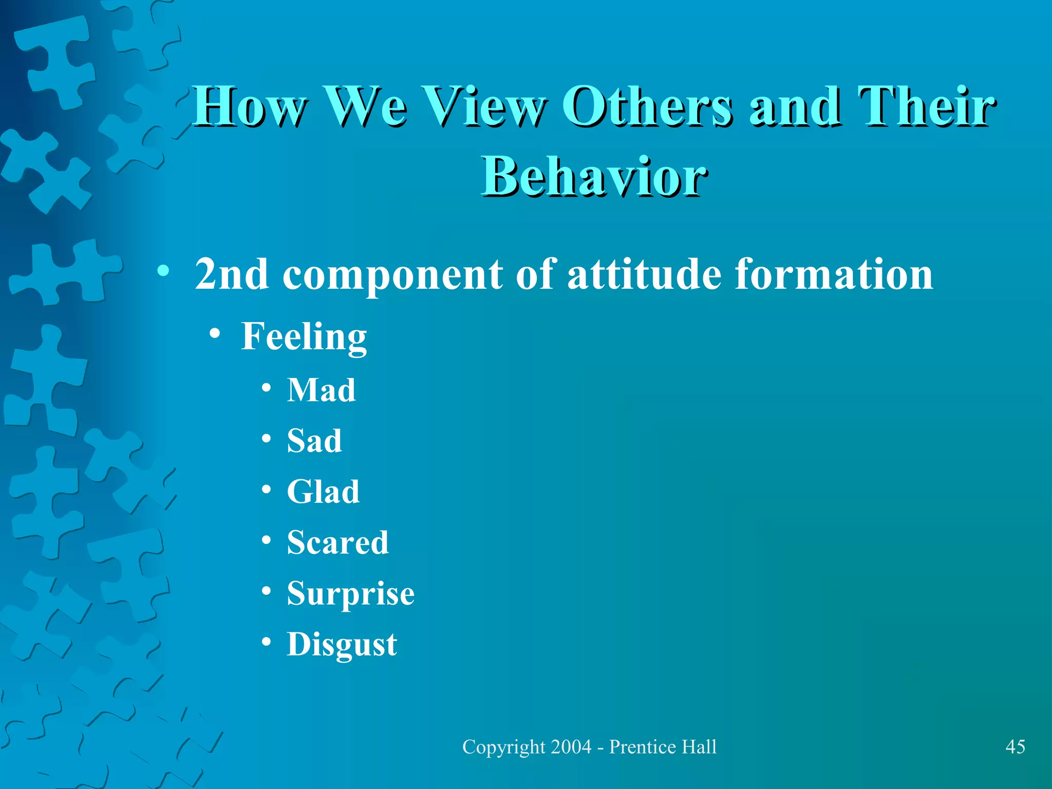 How We View Others and Their
Behavior
• 2nd component of attitude formation
• Feeling
•
•
•
•
•
•

Mad
Sad
Glad
Scared
Surprise
Disgust
Copyright 2004 - Prentice Hall

45

 
