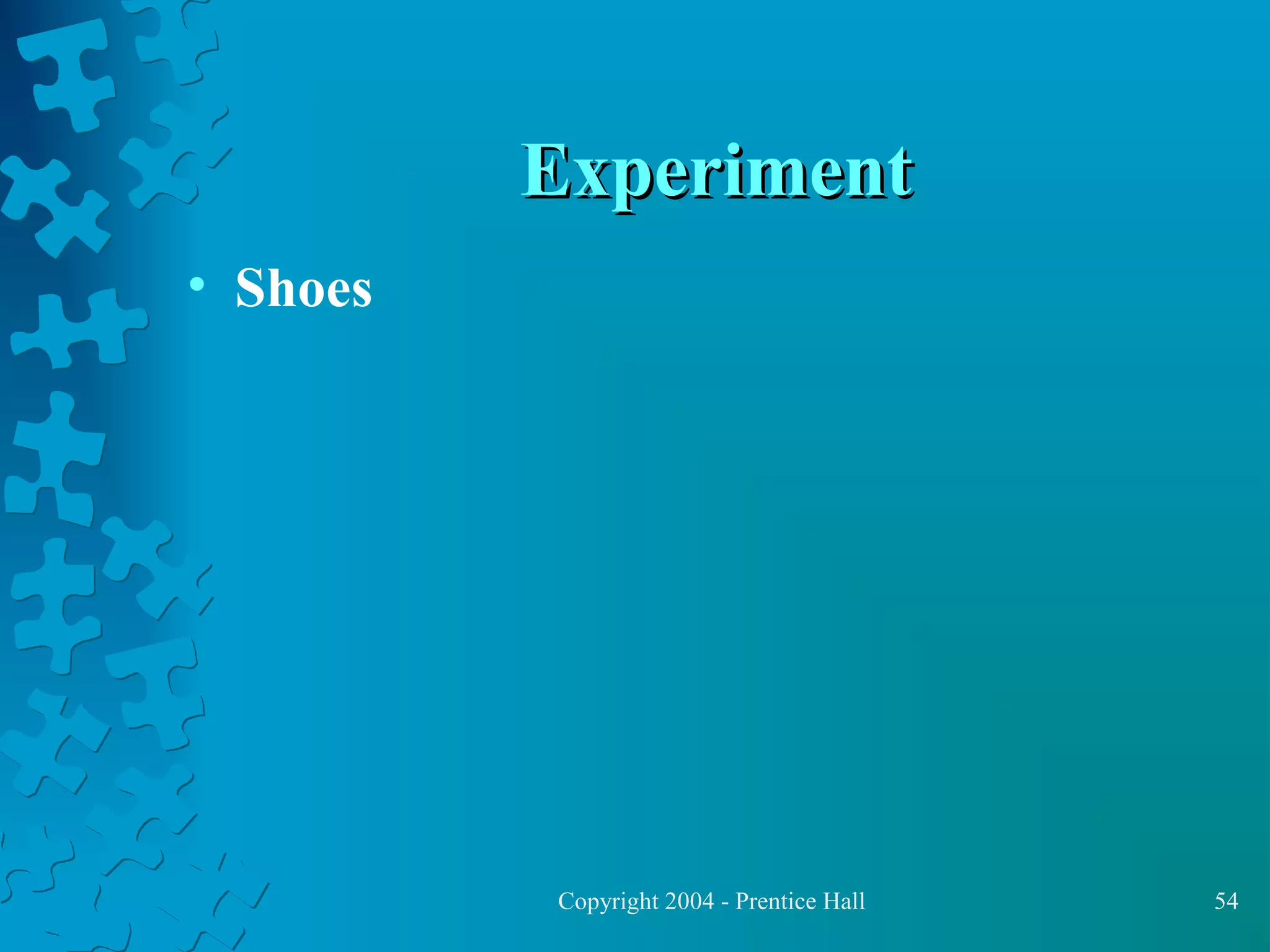 Experiment
• Shoes

Copyright 2004 - Prentice Hall

54

 