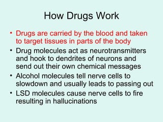 How Drugs Work Drugs are carried by the blood and taken to target tissues in parts of the body Drug molecules act as neurotransmitters and hook to dendrites of neurons and send out their own chemical messages Alcohol molecules tell nerve cells to slowdown and usually leads to passing out LSD molecules cause nerve cells to fire resulting in hallucinations 