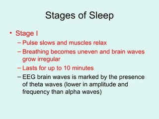 Stages of Sleep Stage I Pulse slows and muscles relax Breathing becomes uneven and brain waves grow irregular Lasts for up to 10 minutes EEG brain waves is marked by the presence of theta waves (lower in amplitude and frequency than alpha waves) 