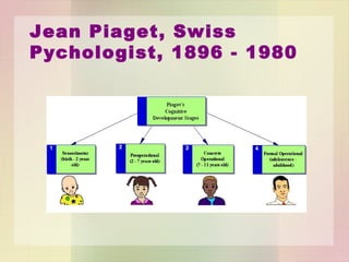 Sensorimotor Stage
• Sensorimotor stage
– Birth to age 2
• Infants learn to coordinate their senses and their
motor behavior.
• Organize world into:
– What can I put in my mouth
– What is graspable
– What makes noise
• What they experience directly
 