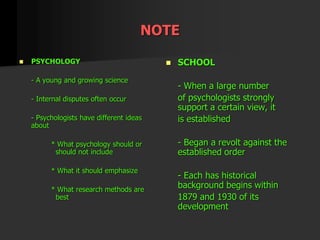 NOTE
 PSYCHOLOGY
- A young and growing science
- Internal disputes often occur
- Psychologists have different ideas
about
* What psychology should or
should not include
* What it should emphasize
* What research methods are
best
 SCHOOL
- When a large number
of psychologists strongly
support a certain view, it
is established
- Began a revolt against the
established order
- Each has historical
background begins within
1879 and 1930 of its
development
 