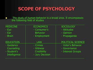 SCOPE OF PSYCHOLOGY
 The study of human behavior is a broad area. It encompasses
the following field of studies
MEDICINE ECONOMICS SOCIOLOGY
- Eye - Consumer’s - Attitudes
- Ear Behavior - Opinion
- Brain - Employment - Propaganda
EDUCATION LAW POLITICAL SCIENCE
- Guidance - Crimes - Voter’s Behavior
Counseling - Witness - Governance
- Student’s Credibility - Interest Groups
Intelligence - Jury Decision
 