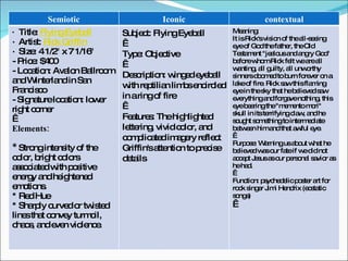 Semiotic Iconic contextual ·  Title:  Flying Eyeball   ·  Artist:  Rick Griffin   ·  Size: 4 1/2" x 7 1/16" - Price: $400 - Location: Avalon Ballroom and Winterland in San Francisco  - Signature location: lower right corner    Elements:    *  Strong intensity of the color, bright colors associated with positive energy and heightened emotions. * Red Hue * Sharply curved or twisted lines that convey turmoil, chaos, and even violence.  Subject: Flying Eyeball   Type: Objective   Description: winged eyeball with reptilian limbs encircled in a ring of fire   Features: The highlighted lettering, vivid color, and complicated imagery reflect Griffin's attention to precise details Meaning:  It is Rick's vision of the all-seeing eye of God the father, the Old Testament "jealous and angry God" before whom Rick felt we are all wanting, all guilty, all unworthy sinners doomed to burn forever on a lake of fire. Rick saw this flaming eye in the sky that he believed saw everything and forgave nothing, this eye bearing the "memento mori" skull in its terrifying claw, and he sought something to intermediate between him and that awful eye.   Purpose: Warning us about what he believed was our fate if we did not accept Jesus as our personal savior as he had.   Function: psychedelic poster art for rock singer Jimi Hendrix (ecstatic songs)   