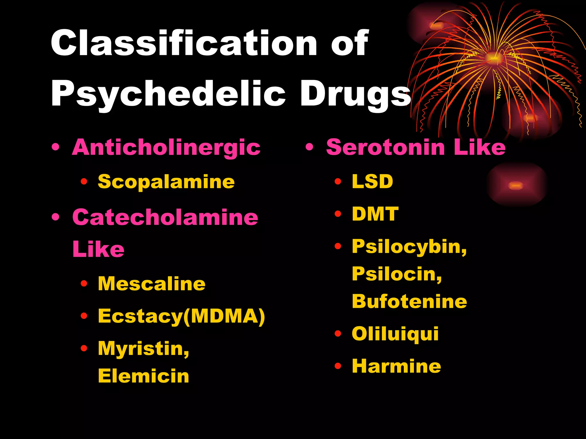 Classification of Psychedelic Drugs Anticholinergic Scopalamine Catecholamine Like Mescaline Ecstacy(MDMA) Myristin, Elemicin Serotonin Like LSD DMT Psilocybin, Psilocin, Bufotenine Oliluiqui Harmine 