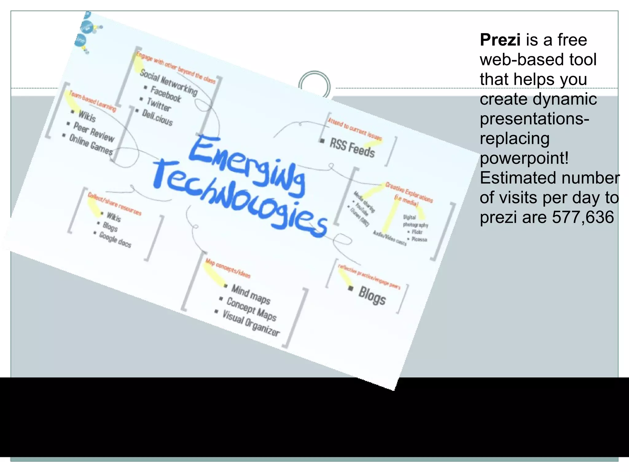 Prezi  is a free web-based tool that helps you create dynamic presentations- replacing powerpoint! Estimated number of visits per day to prezi are 577,636  
