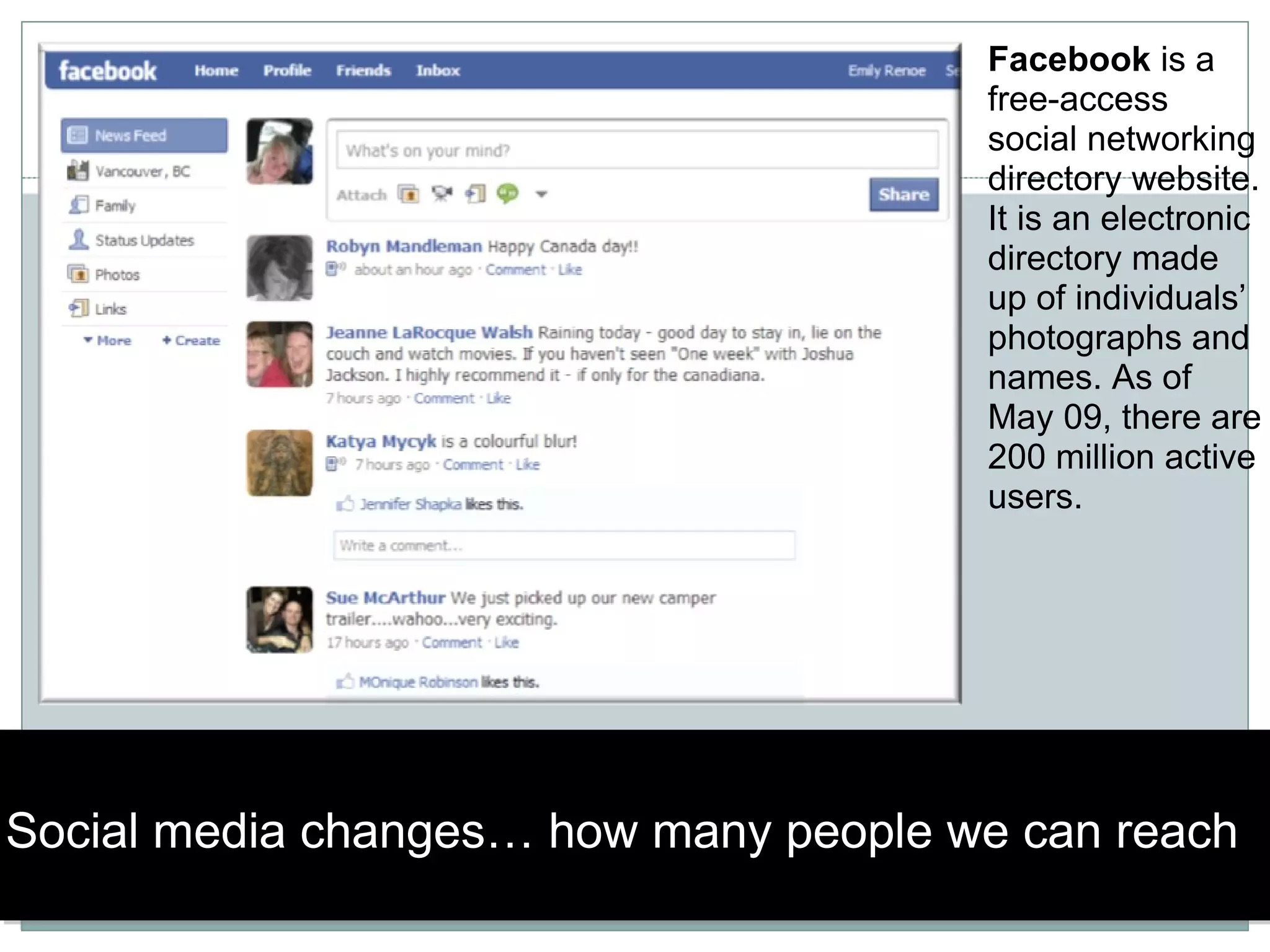 Social media changes… how many people we can reach Facebook  is a free-access social networking directory website. It is an electronic directory made up of individuals’ photographs and names. As of May 09, there are 200 million active users. 