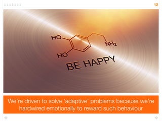 7 CORE PROBLEMS 
Whilst evolutionary psychology interprets behaviour 
through the lens of fundamental ‘adaptive’ problems 
12 
1. SELF-PROTECTION 
2. DISEASE AVOIDANCE 
3. AFFILIATION 
4. STATUS 
5. MATE ACQUISITION 
6. MATE RETENTION 
7. KIN CARE 
Griskevicius, V., & Kenrick, D. T. (2013). Fundamental motives for why we buy: How evolutionary needs influence consumer behavior. Journal of Consumer Psychology, 23(3), 372-386. 
 