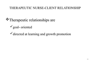35
THERAPEUTIC NURSE-CLIENT RELATIONSHIP
Therapeutic relationships are
goal- oriented
directed at learning and growth promotion
 