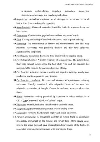 Updated By Mohamed Abdelghani



         negativism,    ambitendency,      mitgehen,    mitmachen,       mannerism,
         stereotypy, echopraxia, and psychological pillow.
45. Negativism: motiveless resistance to all attempts to be moved or to all
   instructions (or even doing the opposite).
46. Nymphomania: Abnormal, excessive, insatiable desire in a woman for sexual
   intercourse.
47. Pantomime: Gesticulation; psychodrama without the use of words.
48. Pica: Craving and eating of nonfood substances, such as paint and clay.
49. Posturing: The maintenance of bizarre and uncomfortable limb and body
   positions. Associated with psychotic illnesses and may have delusional
   significance to the patient.
50. Psychogenic polydipsia: Excessive fluid intake without organic cause.
51. Psychological pillow: A motor symptom of schizophrenia. The patient holds
   their head several inches above the bed while lying and can maintain this
   uncomfortable position for prolonged periods of time.
52. Psychomotor agitation: excessive motor and cognitive activity, usually non-
   productive and in response to inner tension.
53. Psychomotor retardation: Decrease and slowness of spontaneous voluntary
   movement. Usually associated with subjective sense of tiredness and
   subjective retardation of thought. Occurs in moderate to severe depressive
   illness.
54. Ritual: Formalized activity practiced by a person to reduce anxiety, as in
   OCD. OR: Ceremonial activity of cultural origin.
55. Satyriasis: Morbid, insatiable sexual need or desire in a man.
56. Sleep walking (somnambulism): motor activity during sleep.
57. Stereotypy: repetitive fixed pattern of physical action or speech.
58. Tardive dyskinesia: A movement disorder in which there is continuous
   involuntary movement of the tongue and lower face. More severe cases
   involve the upper face and have choreoathetoid movements of the limbs. It's
   associated with long-term treatment with neuroleptic drugs.

                                                                                  12
 