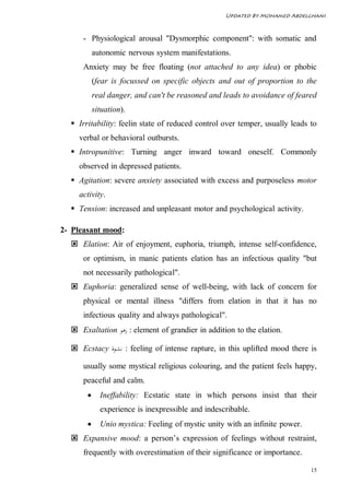 Updated By Mohamed Abdelghani



      - Physiological arousal "Dysmorphic component": with somatic and
           autonomic nervous system manifestations.
      Anxiety may be free floating (not attached to any idea) or phobic
           (fear is focussed on specific objects and out of proportion to the
           real danger, and can't be reasoned and leads to avoidance of feared
           situation).
   Irritability: feelin state of reduced control over temper, usually leads to
    verbal or behavioral outbursts.
   Intropunitive: Turning anger inward toward oneself. Commonly
    observed in depressed patients.
   Agitation: severe anxiety associated with excess and purposeless motor
     activity.
   Tension: increased and unpleasant motor and psychological activity.

2- Pleasant mood:
   Elation: Air of enjoyment, euphoria, triumph, intense self-confidence,
      or optimism, in manic patients elation has an infectious quality "but
      not necessarily pathological".
   Euphoria: generalized sense of well-being, with lack of concern for
      physical or mental illness "differs from elation in that it has no
      infectious quality and always pathological".
   Exaltation ‫ : زﻫﻮ‬element of grandier in addition to the elation.

   Ecstacy ‫ : ﻧﺸـﻮة‬feeling of intense rapture, in this uplifted mood there is

      usually some mystical religious colouring, and the patient feels happy,
      peaceful and calm.
            Ineffability: Ecstatic state in which persons insist that their
             experience is inexpressible and indescribable.
            Unio mystica: Feeling of mystic unity with an infinite power.
   Expansive mood: a person’s expression of feelings without restraint,
      frequently with overestimation of their significance or importance.

                                                                             15
 