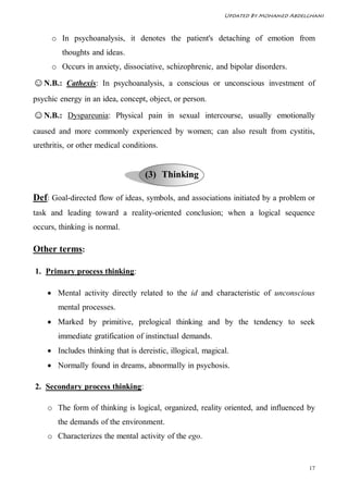 Updated By Mohamed Abdelghani



     o In psychoanalysis, it denotes the patient's detaching of emotion from
         thoughts and ideas.
     o Occurs in anxiety, dissociative, schizophrenic, and bipolar disorders.

☺N.B.:    Cathexis: In psychoanalysis, a conscious or unconscious investment of
psychic energy in an idea, concept, object, or person.

☺N.B.:     Dyspareunia: Physical pain in sexual intercourse, usually emotionally
caused and more commonly experienced by women; can also result from cystitis,
urethritis, or other medical conditions.


                                   (3) Thinking

Def: Goal-directed flow of ideas, symbols, and associations initiated by a problem or
task and leading toward a reality-oriented conclusion; when a logical sequence
occurs, thinking is normal.

Other terms:

1. Primary process thinking:

     Mental activity directly related to the id and characteristic of unconscious
       mental processes.
     Marked by primitive, prelogical thinking and by the tendency to seek
       immediate gratification of instinctual demands.
     Includes thinking that is dereistic, illogical, magical.
     Normally found in dreams, abnormally in psychosis.

2. Secondary process thinking:

    o The form of thinking is logical, organized, reality oriented, and influenced by
       the demands of the environment.
    o Characterizes the mental activity of the ego.


                                                                                    17
 