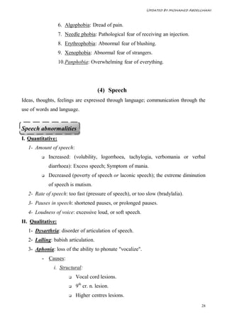 Updated By Mohamed Abdelghani



                   6. Algophobia: Dread of pain.
                   7. Needle phobia: Pathological fear of receiving an injection.
                   8. Erythrophobia: Abnormal fear of blushing.
                   9. Xenophobia: Abnormal fear of strangers.
                   10. Panphobia: Overwhelming fear of everything.




                                       (4) Speech
Ideas, thoughts, feelings are expressed through language; communication through the
use of words and language.


Speech abnormalities
I. Quantitative:
   1- Amount of speech:
            Increased: (volubility, logorrhoea, tachylogia, verbomania or verbal
             diarrhoea): Excess speech; Symptom of mania.
            Decreased (poverty of speech or laconic speech); the extreme diminution
             of speech is mutism.
   2- Rate of speech: too fast (pressure of speech), or too slow (bradylalia).
   3- Pauses in speech: shortened pauses, or prolonged pauses.
   4- Loudness of voice: excessive loud, or soft speech.
II. Qualitative:
   1- Dysarthria: disorder of articulation of speech.
   2- Lalling: babish articulation.
   3- Aphonia: loss of the ability to phonate "vocalize".
         - Causes:
               i. Structural:
                           Vocal cord lesions.
                           9th cr. n. lesion.
                           Higher centres lesions.
                                                                                    28
 