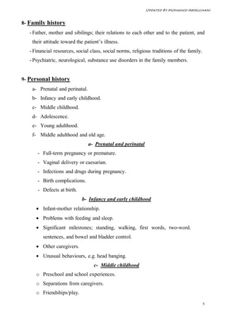 Updated By Mohamed Abdelghani


8- Family history
   - Father, mother and sibilings; their relations to each other and to the patient, and
    their attitude toward the patient’s illness.
   - Financial resources, social class, social norms, religious traditions of the family.
   - Psychiatric, neurological, substance use disorders in the family members.


9- Personal history
    a- Prenatal and perinatal.
    b- Infancy and early childhood.
    c- Middle childhood.
    d- Adolescence.
    e- Young adulthood.
    f- Middle adulthood and old age.
                                 a- Prenatal and perinatal
      - Full-term pregnancy or premature.
       - Vaginal delivery or caesarian.
       - Infections and drugs during pregnancy.
       - Birth complications.
       - Defects at birth.
                             b- Infancy and early childhood
       Infant-mother relationship.
       Problems with feeding and sleep.
       Significant milestones; standing, walking, first words, two-word.
         sentences, and bowel and bladder control.
       Other caregivers.
       Unusual behaviours, e.g. head banging.
                                   c- Middle childhood
      o Preschool and school experiences.
      o Separations from caregivers.
      o Friendships/play.

                                                                                            5
 