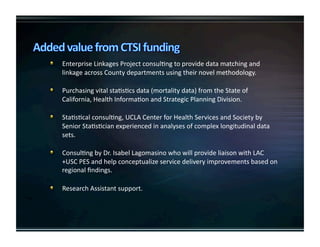   EnterpriseLinkagesProjectconsulKngtoprovidedatamatchingand
linkageacrossCountydepartmentsusingtheirnovelmethodology.

   PurchasingvitalstaKsKcsdata(mortalitydata)fromtheStateof
California,HealthInformaKonandStrategicPlanningDivision.

   StaKsKcalconsulKng,UCLACenterforHealthServicesandSocietyby
SeniorStaKsKcianexperiencedinanalysesofcomplexlongitudinaldata
sets.

   ConsulKngbyDr.IsabelLagomasinowhowillprovideliaisonwithLAC
+USCPESandhelpconceptualizeservicedeliveryimprovementsbasedon
regionalﬁndings.

   ResearchAssistantsupport.
 