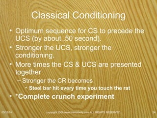 Classical Conditioning Cont. Aversion
Therapy
• A type of Classical Conditioning technique for
reducing or eliminating behavior by pairing
the behavior with an unpleasant stimulus.
– Antibuse
– Squirrels hot pepper
07/08/15
copyright 2006 www.brainybetty.com ALL RIGHTS
RESERVED. 24
 