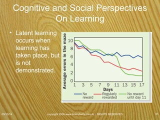 Cognitive and Social Perspectives On
Learning
• Attempts to influence behavior through
observational learning occur every day (along
with efforts based on classical conditioning).
• Observational learning
– Used to reduce or eliminate phobias.
07/08/15
copyright 2006 www.brainybetty.com ALL RIGHTS
RESERVED. 51
 