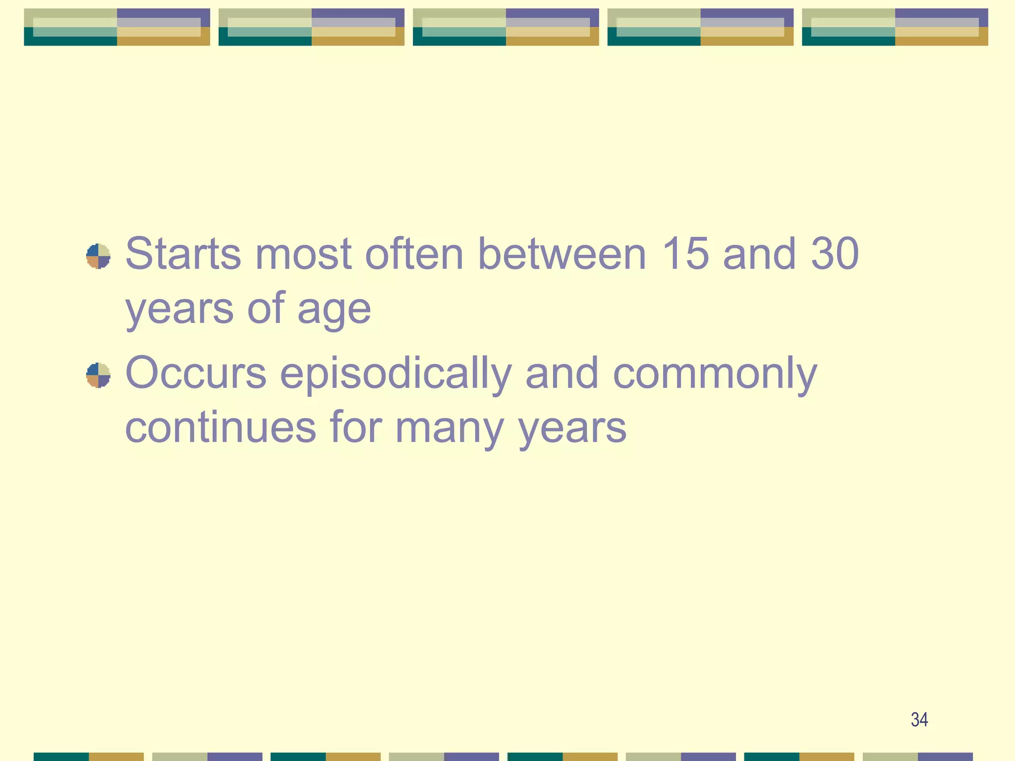 34Starts most often between 15 and 30 years of ageOccurs episodically and commonly continues for many years