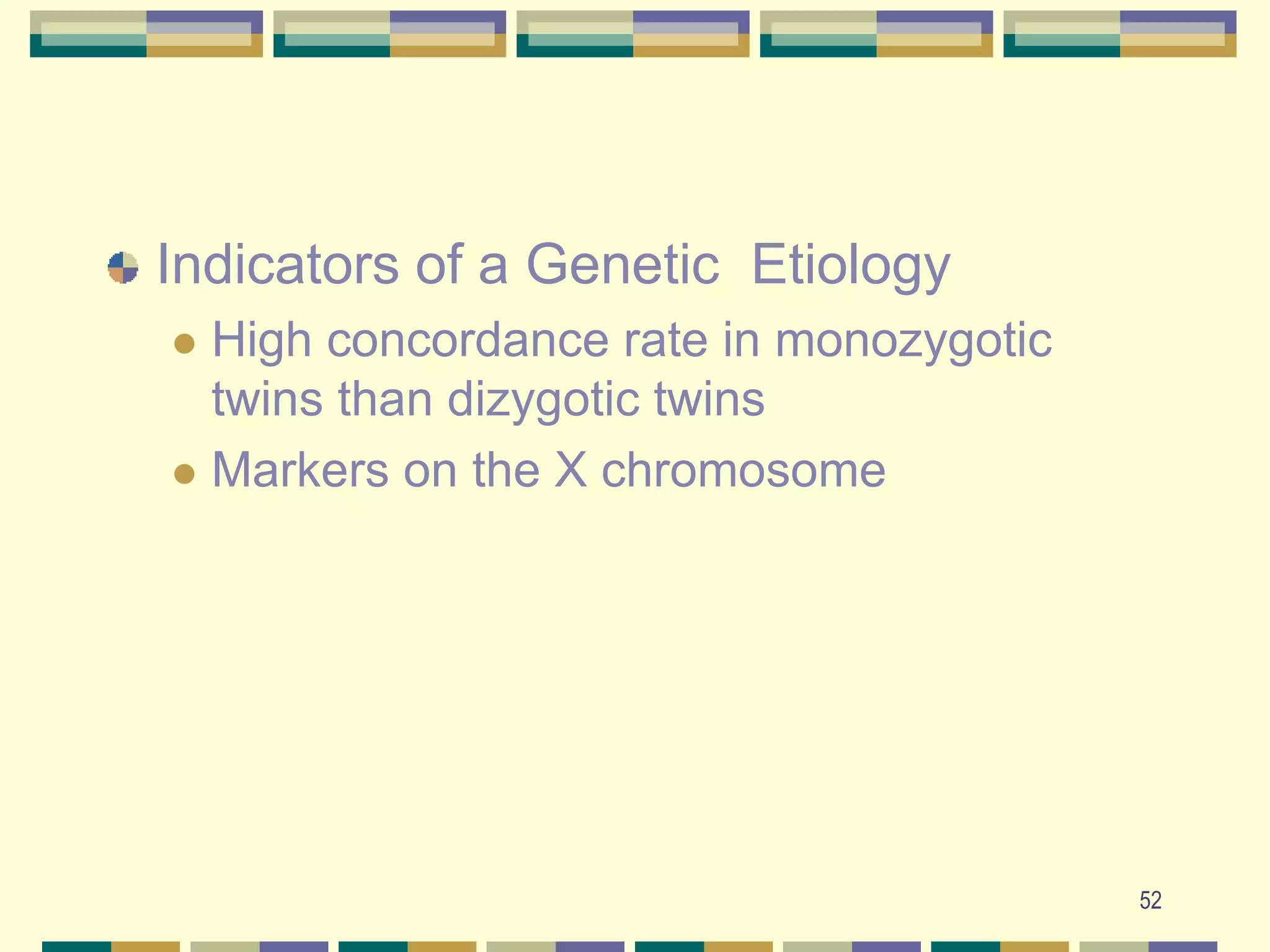 52Indicators of a Genetic  EtiologyHigh concordance rate in monozygotic twins than dizygotic twinsMarkers on the X chromosome