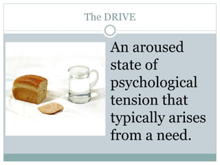 The DRIVE
An aroused
state of
psychological
tension that
typically arises
from a need.