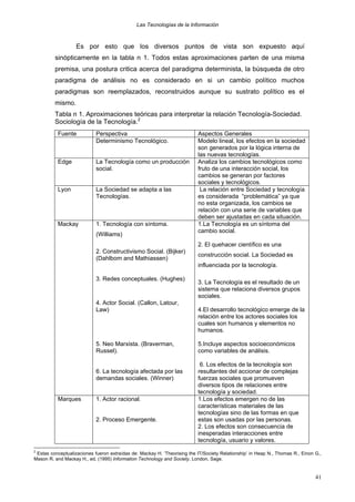 Las Tecnologías de la Información

Es por esto que los diversos puntos de vista son expuesto aquí
sinópticamente en la tabla n 1. Todos estas aproximaciones parten de una misma
premisa, una postura critica acerca del paradigma determinista, la búsqueda de otro
paradigma de análisis no es considerado en si un cambio político muchos
paradigmas son reemplazados, reconstruidos aunque su sustrato político es el
mismo.
Tabla n 1. Aproximaciones teóricas para interpretar la relación Tecnología-Sociedad.
Sociología de la Tecnología.2
Fuente

Perspectiva
Determinismo Tecnológico.

Edge

La Tecnología como un producción
social.

Lyon

La Sociedad se adapta a las
Tecnologías.

Mackay

1. Tecnología con síntoma.
(Williams)

Aspectos Generales
Modelo lineal, los efectos en la sociedad
son generados por la lógica interna de
las nuevas tecnologías.
Analiza los cambios tecnológicos como
fruto de una interacción social, los
cambios se generan por factores
sociales y tecnológicos.
La relación entre Sociedad y tecnología
es considerada “problemática” ya que
no esta organizada, los cambios se
relación con una serie de variables que
deben ser ajustadas en cada situación.
1.La Tecnología es un síntoma del
cambio social.
2. El quehacer científico es una

2. Constructivismo Social. (Bijker)
(Dahlbom and Mathiassen)

construcción social. La Sociedad es
influenciada por la tecnología.

3. Redes conceptuales. (Hughes)

4. Actor Social. (Callon, Latour,
Law)

5. Neo Marxista. (Braverman,
Russel).
6. La tecnología afectada por las
demandas sociales. (Winner)
Marques

1. Actor racional.
2. Proceso Emergente.

3. La Tecnología es el resultado de un
sistema que relaciona diversos grupos
sociales.
4.El desarrollo tecnológico emerge de la
relación entre los actores sociales los
cuales son humanos y elementos no
humanos.
5.Incluye aspectos socioeconómicos
como variables de análisis.
6. Los efectos de la tecnología son
resultantes del accionar de complejas
fuerzas sociales que promueven
diversos tipos de relaciones entre
tecnología y sociedad.
1.Los efectos emergen no de las
características materiales de las
tecnologías sino de las formas en que
estas son usadas por las personas.
2. Los efectos son consecuencia de
inesperadas interacciones entre
tecnología, usuario y valores.

2

Estas conceptualizaciones fueron extraídas de: Mackay H. ‘Theorising the IT/Society Relationship’ in Heap N., Thomas R., Einon G.,
Mason R. and Mackay H., ed. (1995) Information Technology and Society, London, Sage.

41

 