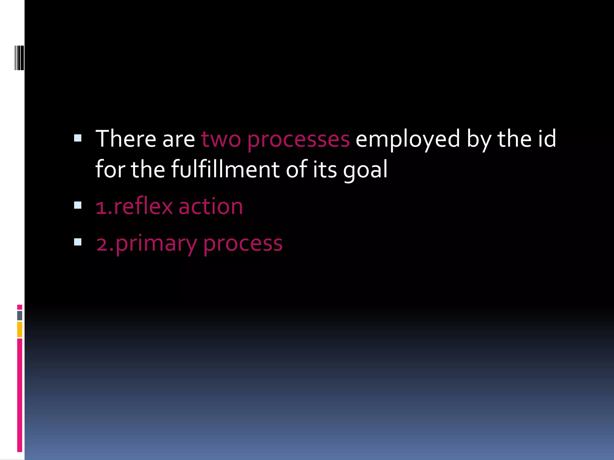  There are two processes employed by the id
for the fulfillment of its goal
 1.reflex action
 2.primary process
 