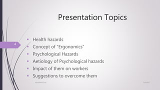 Presentation Topics
 Health hazards
 Concept of “Ergonomics”
 Psychological Hazards
 Aetiology of Psychological hazards
 Impact of them on workers
 Suggestions to overcome them
7/24/2017NSU/ENVH/C/str
4
 