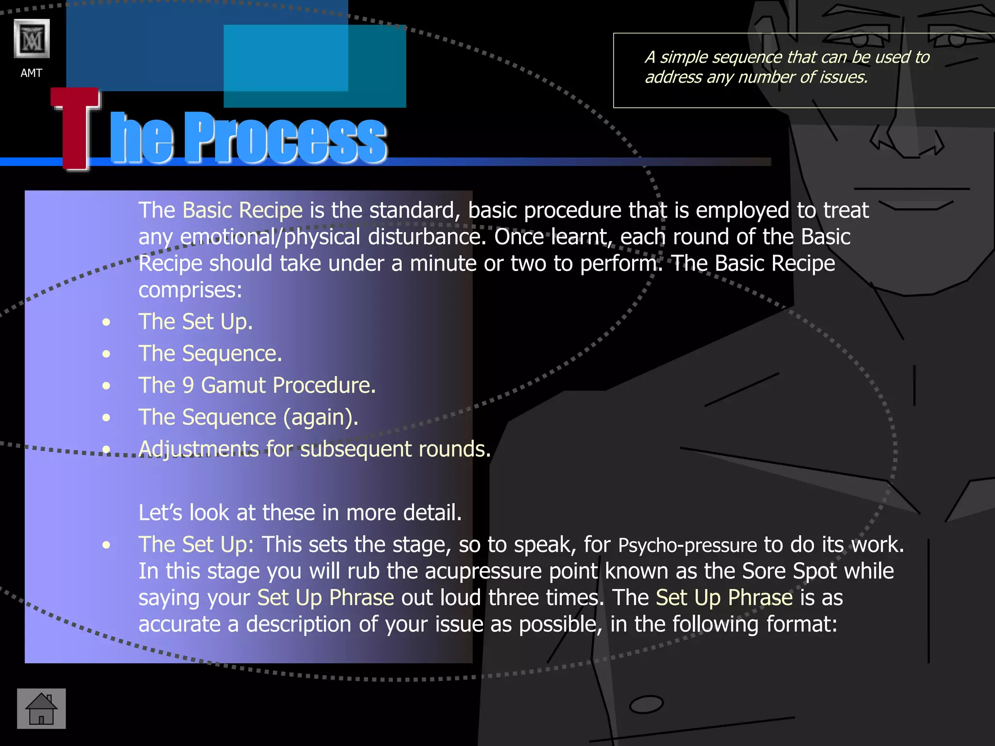 AMT
he Process
T
A simple sequence that can be used to
address any number of issues.
The Basic Recipe is the standard, basic procedure that is employed to treat
any emotional/physical disturbance. Once learnt, each round of the Basic
Recipe should take under a minute or two to perform. The Basic Recipe
comprises:
• The Set Up.
• The Sequence.
• The 9 Gamut Procedure.
• The Sequence (again).
• Adjustments for subsequent rounds.
Let’s look at these in more detail.
• The Set Up: This sets the stage, so to speak, for Psycho-pressure to do its work.
In this stage you will rub the acupressure point known as the Sore Spot while
saying your Set Up Phrase out loud three times. The Set Up Phrase is as
accurate a description of your issue as possible, in the following format:
 