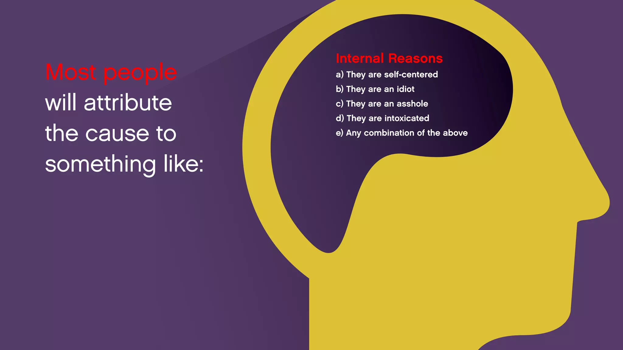 Most people 
will attribute 
the cause to something like: 
Internal Reasons 
a) They are self-centered 
b) They are an idiot 
c) They are an asshole 
d) They are intoxicated 
e) Any combination of the above  