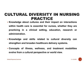  Knowledge about cultures and their impact on interactions
within health care is essential for nurses, whether they are
practicing in a clinical setting, education, research or
administration.
 Knowledge and skills related to cultural diversity can
strengthen and broaden healthcare delivery systems.
 Concepts of illness, wellness, and treatment modalities
evolve from a cultural perspective or world view.
11-12-2021
Sathish Rajamani Lectures 6
 