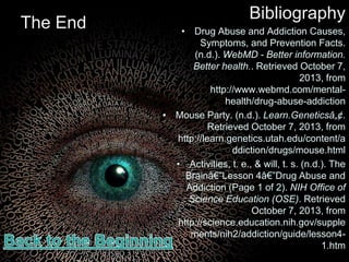 The End
Bibliography
• Drug Abuse and Addiction Causes,
Symptoms, and Prevention Facts.
(n.d.). WebMD - Better information.
Better health.. Retrieved October 7,
2013, from
http://www.webmd.com/mental-
health/drug-abuse-addiction
• Mouse Party. (n.d.). Learn.Geneticsâ„¢.
Retrieved October 7, 2013, from
http://learn.genetics.utah.edu/content/a
ddiction/drugs/mouse.html
• Activities, t. e., & will, t. s. (n.d.). The
Brainâ€”Lesson 4â€”Drug Abuse and
Addiction (Page 1 of 2). NIH Office of
Science Education (OSE). Retrieved
October 7, 2013, from
http://science.education.nih.gov/supple
ments/nih2/addiction/guide/lesson4-
1.htm
 