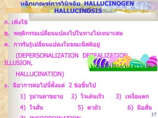 หลักเกณฑ์การวินิจฉัย  HALLUCINOGEN  HALLUCINOSIS ก .  เพิ่งใช้ ข .  พฤติกรรมเปลี่ยนแปลงไปในทางไม่เหมาะสม ค .  การรับรู้เปลี่ยนแปลงในขณะมีสติอยู่  (DEPERSONALIZATION  DEREALIZATION,  ILLUSION,  HALLUCINATION) ง .  มีอาการต่อไปนี้ตั้งแต่  2  ข้อขึ้นไป 1)  รูม่านตาขยาย   2)  ใจเต้นเร็ว  3)  เหงื่อแตก 4)  ใจสั่น  5)  ตามัว  6)  มือสั่น 7)  INCOORDINATION จ .  ไม่ได้เกิดจากความผิดปกติทางร่างกายหรือจิตใจอื่น ๆ  