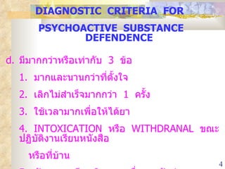 DIAGNOSTIC  CRITERIA  FOR  PSYCHOACTIVE  SUBSTANCE  DEFENDENCE มีมากกว่าหรือเท่ากับ  3  ข้อ 1.  มากและนานกว่าที่ตั้งใจ 2.  เลิกไม่สำเร็จมากกว่า  1  ครั้ง 3.  ใช้เวลามากเพื่อให้ได้ยา 4.  INTOXICATION  หรือ  WITHDRANAL  ขณะปฏิบัติงานเรียนหนังสือ  หรือที่บ้าน 5.  สังคม  อาชีพ  กิจกรรมเพื่อการพักผ่อนลดลง 